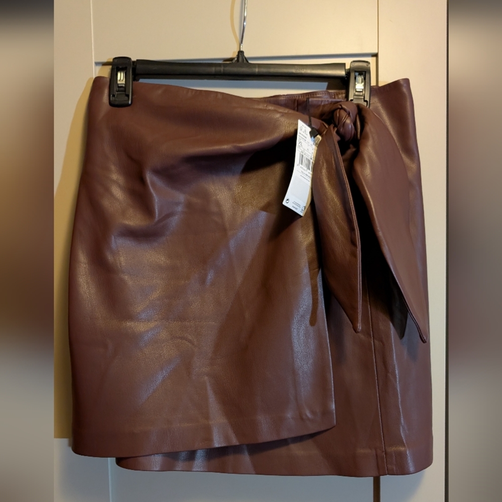 Elegant Brown/Maroon Faux Leather Wrap Skirt